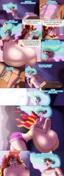 Size: 539x1483 | Tagged: suggestive, artist:ringteam, derpibooru import, princess celestia, sunset shimmer, human, series:reverse ringverse, equestria girls, big breasts, breasts, busty sunset shimmer, cleavage, comic, commission, dialogue, duo, duo female, female, females only, g4, huge breasts, humanized, hyper, hyper breasts, image, implied breast expansion, impossibly large breasts, jpeg