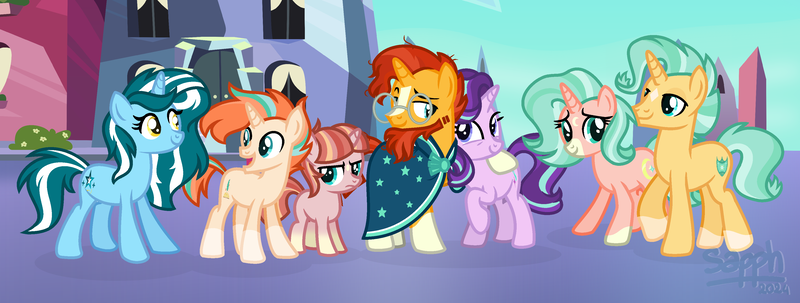 Size: 3716x1409 | Tagged: safe, artist:sapphiretwinkle, derpibooru import, starlight glimmer, sunburst, oc, oc:bright light, oc:magic dawn, oc:moonlight glow, oc:sapphire twinkle, oc:sunlight flare, pony, unicorn, female, filly, foal, horn, image, male, mare, offspring, parent:starlight glimmer, parent:sunburst, parents:starburst, png, shipping, stallion, starburst, straight