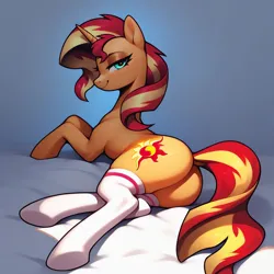 Size: 2048x2048 | Tagged: suggestive, ai content, anonymous prompter, derpibooru import, machine learning generated, stable diffusion, sunset shimmer, pony, unicorn, butt, clothes, generator:pony diffusion v6 xl, horn, image, jpeg, lidded eyes, looking at you, lying down, plot, side, smiling, socks, solo
