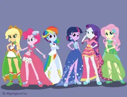 Size: 3058x2350 | Tagged: safe, artist:nightglowfan, derpibooru import, applejack, fluttershy, pinkie pie, rainbow dash, rarity, twilight sparkle, human, equestria girls, the best night ever, clothes, dress, equestria girls-ified, g4, gala dress, hand on hip, high res, image, mane six, png, purple background, simple background