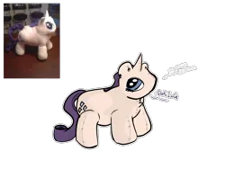 Size: 2160x1620 | Tagged: safe, artist:felixmcfurry, derpibooru import, rarity, original species, plush pony, pony, unicorn, bootleg, cursed image, deformed, female, horn, image, plushie, png, redraw, round ears, simple background, solo, solo female, stitches, transparent background, wat