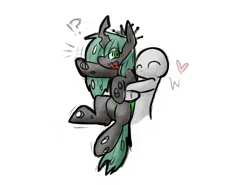 Size: 1253x925 | Tagged: safe, artist:zutcha, derpibooru import, queen chrysalis, changeling, changeling queen, human, ^^, duo, exclamation point, eyes closed, female, g4, holding a changeling, hug, image, interrobang, open mouth, pictogram, png, question mark, raised hoof, simple background, white background