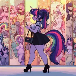 Size: 1024x1024 | Tagged: safe, ai content, derpibooru import, machine learning generated, twilight sparkle, ghost, human, undead, unicorn, equestria girls, adorasexy, bag, big breasts, breasts, busty twilight sparkle, clothes, curvy, cute, explicit description, fear, female, g4, handbag, high heels, horn, horned humanization, hourglass figure, huge breasts, humanized, image, implied tail hole, implied transformation, implied transgender transformation, male to female, open mouth, png, ponytail, prompter:horselover fat, purse, rule 63, sexy, shirt, shoes, short, shortstack, side view, sideboob, skirt, solo, stained glass, story included, stupid sexy twilight, surreal, tail, tailed humanization, walking, weird