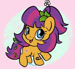 Size: 1234x1125 | Tagged: safe, artist:amynewblue, derpibooru import, ponerpics import, ponybooru import, maggie joy, oc, earth pony, pony, bandaid, blue eyes, chibi, cute, digital art, fanart, female, filly, flower, flower in hair, foal, heart, image, jpeg, leaf, long hair, looking at you, mare, open mouth, open smile, pink background, rest in peace, sad story, side view, simple background, smiling, smiling at you, solo, turned head