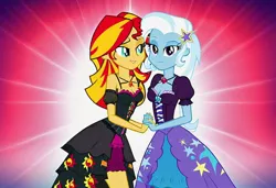 Size: 1216x832 | Tagged: safe, ai content, machine learning generated, prompter:tiamatnightmare, sunset shimmer, trixie, human, equestria girls, clothes, dress, female, holding hands, humanized, image, jpeg, lesbian, shipping, suntrix