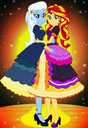 Size: 832x1216 | Tagged: safe, ai content, machine learning generated, prompter:tiamatnightmare, sunset shimmer, trixie, human, equestria girls, clothes, dress, female, holding hands, humanized, image, jpeg, lesbian, shipping, suntrix