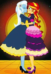 Size: 832x1216 | Tagged: safe, ai content, machine learning generated, prompter:tiamatnightmare, sunset shimmer, trixie, human, equestria girls, clothes, dress, female, holding hands, humanized, image, jpeg, lesbian, shipping, suntrix