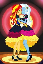 Size: 832x1216 | Tagged: safe, ai content, machine learning generated, prompter:tiamatnightmare, sunset shimmer, trixie, human, equestria girls, clothes, dress, female, holding hands, humanized, image, jpeg, kissing, lesbian, shipping, suntrix