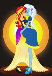 Size: 832x1216 | Tagged: safe, ai content, machine learning generated, prompter:tiamatnightmare, sunset shimmer, trixie, human, equestria girls, clothes, dress, female, holding hands, humanized, image, jpeg, kissing, lesbian, pregnant, shipping, suntrix