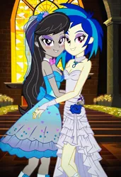 Size: 749x1096 | Tagged: safe, ai content, machine learning generated, prompter:tiamatnightmare, octavia melody, vinyl scratch, human, equestria girls, church, clothes, dress, female, humanized, image, jpeg, lesbian, scratchtavia, shipping, wedding dress