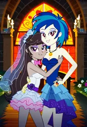 Size: 749x1096 | Tagged: safe, ai content, machine learning generated, prompter:tiamatnightmare, octavia melody, vinyl scratch, human, equestria girls, church, clothes, dress, female, humanized, image, jpeg, lesbian, scratchtavia, shipping, wedding dress