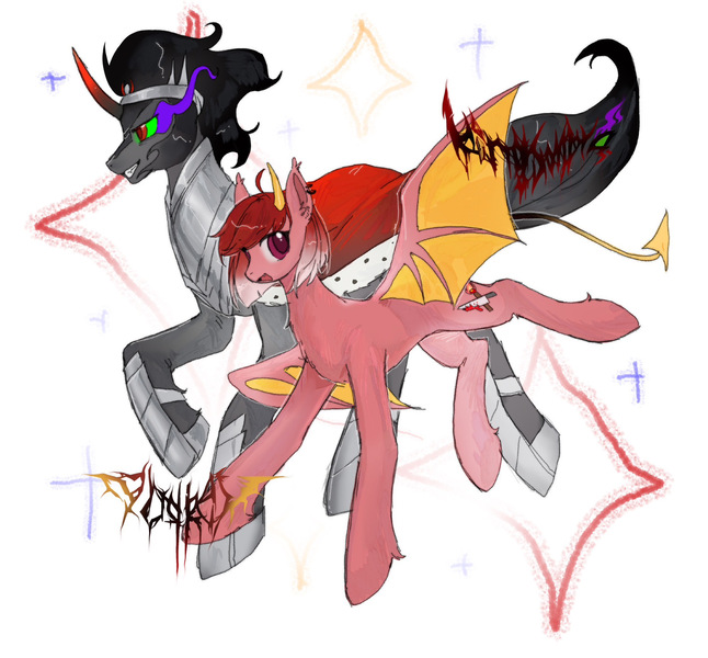 Size: 1920x1782 | Tagged: safe, artist:肆万, derpibooru import, king sombra, oc, bat pony, unicorn, bat pony oc, bat wings, cloak, clothes, curved horn, duo, gradient horn, horn, image, jpeg, neck armor, simple background, white background, wings