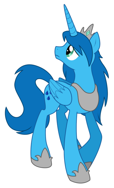 Size: 1180x1953 | Tagged: safe, artist:alicornparty, derpibooru import, oc, oc:sapphire rain, unofficial characters only, alicorn, pony, spoiler:fanfic, alicorn oc, blue coat, colored, commission, commissioner:strifepower, concave belly, crown, female, folded wings, frown, hoof shoes, horn, image, jewelry, looking up, mare, peytral, png, princess shoes, raised hoof, regalia, show accurate, simple background, slender, solo, tall, thin, transparent background, turned head, wings