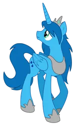 Size: 1180x1953 | Tagged: safe, artist:alicornparty, derpibooru import, oc, oc:sapphire rain, unofficial characters only, alicorn, pony, spoiler:fanfic, alicorn oc, blue coat, colored, commission, commissioner:strifepower, concave belly, crown, female, folded wings, frown, hoof shoes, horn, image, jewelry, looking up, mare, peytral, png, princess shoes, raised hoof, regalia, show accurate, simple background, slender, solo, tall, thin, transparent background, turned head, wings