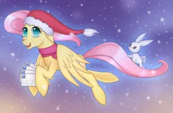 Size: 959x624 | Tagged: safe, artist:cruxisma, derpibooru import, angel bunny, fluttershy, pegasus, pony, rabbit, animal, christmas, clothes, colored pupils, duo, envelope, female, flying, g4, hat, holiday, image, mail, male, mare, old art, png, santa hat, scarf, smiling, snow, snowfall