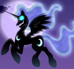 Size: 879x829 | Tagged: safe, artist:cruxisma, derpibooru import, nightmare moon, alicorn, pony, ethereal mane, ethereal tail, female, flying, g4, glow, glowing eyes, image, jagged mouth, mare, moon, old art, png, silhouette, solo, tail