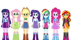 Size: 2560x1440 | Tagged: safe, artist:qbert2kcat, derpibooru import, applejack, fluttershy, pinkie pie, rainbow dash, rarity, sci-twi, sunset shimmer, twilight sparkle, human, equestria girls, clothes, female, g4, humane five, humane seven, humane six, image, my little pony equestria girls, pleated skirt, png, simple background, skirt, tanktop, white background