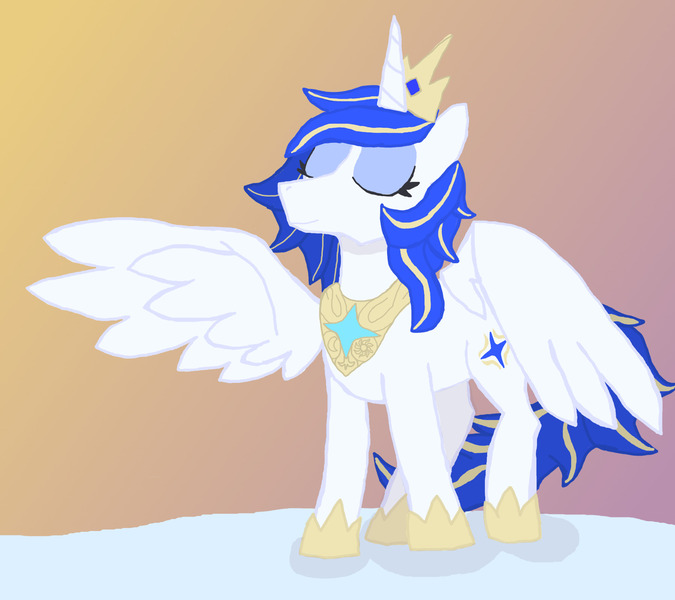 Size: 1800x1600 | Tagged: safe, artist:silverfishv9, derpibooru import, oc, oc:azure star (silverfishv9), unofficial characters only, alicorn, pony, alicorn oc, blue eyes, blue mane, clothes, crown, female, gradient background, highlights, horn, image, jewelry, jpeg, mare, peytral, regalia, shoes, solo, solo female, wings