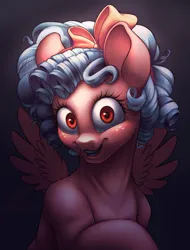 Size: 2219x2919 | Tagged: safe, artist:peepingtom, derpibooru import, cozy glow, pegasus, pony, bow, bust, curly hair, foal, hair bow, image, png, portrait, wide eyes