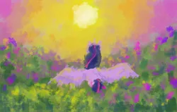 Size: 1280x816 | Tagged: safe, artist:sleepybooocharlie, derpibooru import, twilight sparkle, twilight sparkle (alicorn), alicorn, pony, facing away, flower, flower field, g4, image, jpeg, looking up, painterly, solo, spread wings, sun, wings