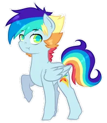 Size: 700x800 | Tagged: safe, artist:kraytt-05, derpibooru import, oc, oc:philadelfia, unofficial characters only, cat, pegasus, pony, :t, chibi, colored pupils, image, male, multicolored hair, offspring, outline, parent:rainbow dash, parent:soarin', parents:soarindash, png, rainbow hair, raised hoof, simple background, solo, stallion, transparent background, white outline
