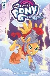 Size: 2063x3131 | Tagged: safe, artist:zachary sterling, derpibooru import, idw, flash magnus, pegasus, pony, angry, armor, cloud, comic cover, cover, cover art, flying, g4, gritted teeth, image, legends of magic #4, lightning, male, my little pony logo, my little pony: legends of magic, official comic, png, shield, signature, spread wings, stallion, tail, teeth, wings