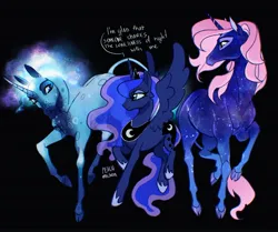 Size: 2751x2305 | Tagged: safe, artist:peachmichea, derpibooru import, princess luna, alicorn, classical unicorn, horse, pony, unicorn, cloven hooves, crossover, ethereal mane, female, galaxy mane, height difference, horn, image, jpeg, leonine tail, looking at each other, looking at someone, mare, mia and me, smiling, smiling at each other, spread wings, starry body, starry mane, trio, unshorn fetlocks, wings