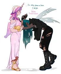 Size: 1791x2160 | Tagged: safe, artist:peachmichea, derpibooru import, princess cadance, queen chrysalis, human, bent over, boots, clothes, dialogue, dress, duo, duo female, female, height difference, horn, horned humanization, humanized, image, infidelity, jpeg, lesbian, light skin, pants, ripped pants, ship:cadalis, shipping, shoes, simple background, tan skin, torn clothes, white background, winged humanization, wings