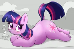 Size: 3961x2632 | Tagged: safe, artist:pabbley, derpibooru import, twilight sparkle, pony, unicorn, ass up, burger, butt, chubby, cute, dock, emanata, female, food, frog (hoof), g4, high res, image, jpeg, looking at you, looking back, lying down, mare, plot, prone, solo, sploot, tail, that pony sure does love burgers, twiabetes, twibutt, twilight burgkle, underhoof, unicorn twilight
