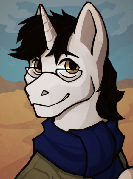 Size: 1040x1400 | Tagged: safe, artist:bunnyshrubby, derpibooru import, oc, oc:page turner, unofficial characters only, unicorn, equestria at war mod, bust, clothes, glasses, horn, image, png, portrait, scarf, solo, unicorn oc