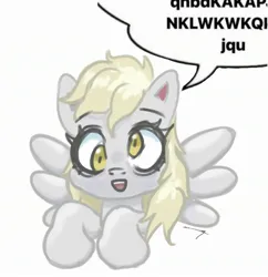 Size: 2419x2498 | Tagged: safe, derpibooru import, derpy hooves, pony, unicorn, blonde, blonde hair, blonde mane, gray body, horn, image, jpeg, simple background, solo, text, white background, yellow eyes