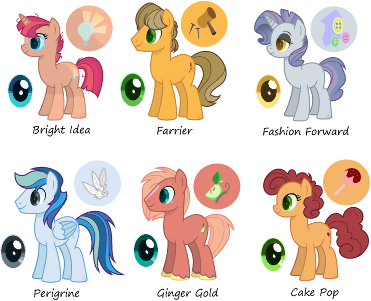 Size: 1024x831 | Tagged: safe, artist:pegasister64, derpibooru import, oc, oc:bright idea, oc:cake pop, oc:farrier, oc:fashion forward, oc:ginger gold, oc:perigrine, unofficial characters only, earth pony, pegasus, pony, unicorn, base used, beige coat, blaze (coat marking), blue coat, blue eyes, blue mane, brown mane, coat markings, cyan eyes, eyeshadow, facial markings, female, freckles, glasses, gray coat, gray eyes, green eyes, horn, image, lidded eyes, makeup, male, mare, multicolored hair, name, next generation, offspring, orange coat, outline, parent:applejack, parent:big macintosh, parent:caramel, parent:cheese sandwich, parent:fluttershy, parent:pinkie pie, parent:rainbow dash, parent:rarity, parent:soarin', parent:sunburst, parent:thunderlane, parent:twilight sparkle, parents:carajack, parents:cheesepie, parents:fluttermac, parents:rarilane, parents:soarindash, parents:twiburst, pink mane, png, purple mane, red coat, red mane, simple background, socks (coat marking), stallion, transparent background, two toned mane, unshorn fetlocks, white outline, yellow coat, yellow eyes, yellow mane