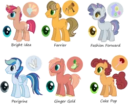 Size: 1024x831 | Tagged: safe, artist:pegasister64, derpibooru import, oc, oc:bright idea, oc:cake pop, oc:farrier, oc:fashion forward, oc:ginger gold, oc:perigrine, unofficial characters only, earth pony, pegasus, pony, unicorn, base used, beige coat, blaze (coat marking), blue coat, blue eyes, blue mane, brown mane, coat markings, cyan eyes, eyeshadow, facial markings, female, freckles, glasses, gray coat, gray eyes, green eyes, horn, image, lidded eyes, makeup, male, mare, multicolored hair, name, next generation, offspring, orange coat, outline, parent:applejack, parent:big macintosh, parent:caramel, parent:cheese sandwich, parent:fluttershy, parent:pinkie pie, parent:rainbow dash, parent:rarity, parent:soarin', parent:sunburst, parent:thunderlane, parent:twilight sparkle, parents:carajack, parents:cheesepie, parents:fluttermac, parents:rarilane, parents:soarindash, parents:twiburst, pink mane, png, purple mane, red coat, red mane, simple background, socks (coat marking), stallion, transparent background, two toned mane, unshorn fetlocks, white outline, yellow coat, yellow eyes, yellow mane