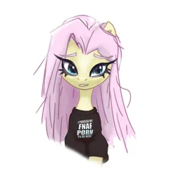 Size: 3000x3000 | Tagged: safe, artist:tuskonline, derpibooru import, fluttershy, pony, unicorn, blue eyes, clothes, female, horn, image, pink hair, pink mane, png, shirt, simple background, solo, solo female, white background, yellow body