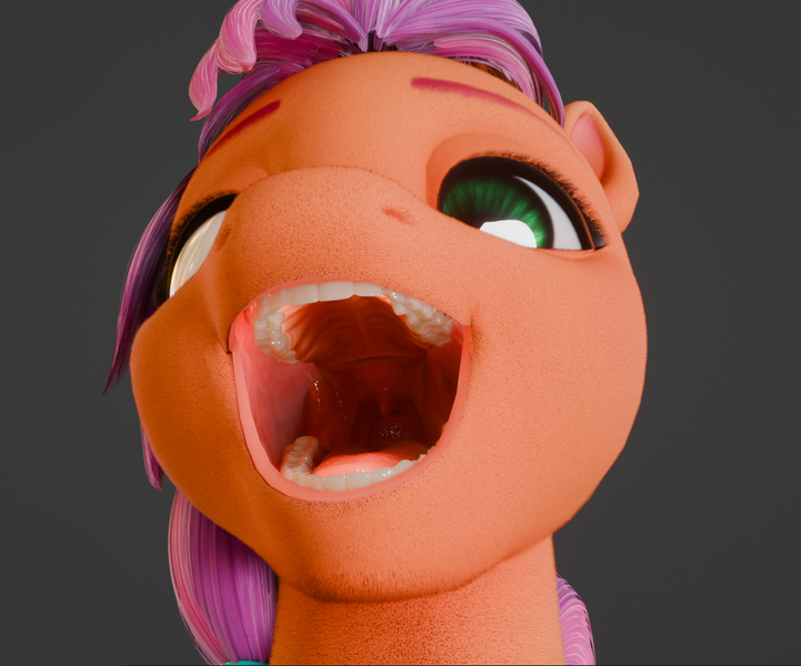 Size: 1040x865 | Tagged: safe, artist:zapor, derpibooru import, sunny starscout, g5, 3d, 3d model, blender, blender eevee, fluffy, image, jpeg, maw, mawshot, model, open mouth, oral invitation, render, sunny starpred, teeth, throat, uvula