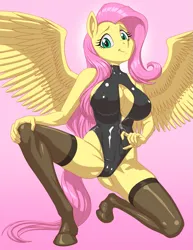 Size: 1687x2184 | Tagged: suggestive, artist:bhawk, fluttershy, anthro, unguligrade anthro, big breasts, breasts, clothes, commissioner:yury, image, kneeling, large wings, latex, leotard, looking at you, pink background, png, simple background, spread wings, wings
