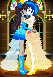 Size: 832x1216 | Tagged: safe, ai content, machine learning generated, prompter:tiamatnightmare, octavia melody, vinyl scratch, human, equestria girls, church, clothes, dress, female, hug, humanized, image, jewelry, jpeg, kissing, lesbian, ring, scratchtavia, shipping, wedding dress, wedding ring