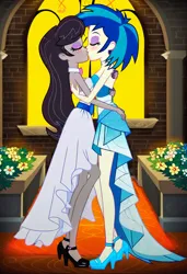 Size: 832x1216 | Tagged: safe, ai content, machine learning generated, prompter:tiamatnightmare, octavia melody, vinyl scratch, human, equestria girls, bride, church, clothes, dress, female, hug, humanized, image, in love, jewelry, jpeg, kissing, lesbian, ring, scratchtavia, shipping, wedding dress, wedding ring