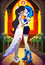 Size: 832x1216 | Tagged: safe, ai content, machine learning generated, prompter:tiamatnightmare, octavia melody, vinyl scratch, human, equestria girls, bride, church, clothes, dress, female, hug, humanized, image, in love, jewelry, jpeg, kissing, lesbian, ring, scratchtavia, shipping, wedding dress, wedding ring