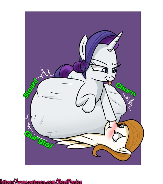 Size: 1600x1800 | Tagged: questionable, artist:bestponies, derpibooru import, rarity, oc, pegasus, pony, unicorn, abdominal bulge, belly, belly bed, big belly, blushing, boop, commission, fetish, g4, horn, huge belly, image, impossibly large belly, jpeg, multiple prey, pegasus oc, predator, prey, raripred, same size vore, stomach noise, text, unknown prey, vore, wings, ych result, your character here