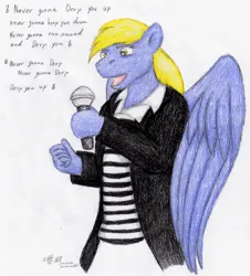 Size: 858x950 | Tagged: safe, artist:lunarlight-prism, derpibooru import, derpy hooves, anthro, pegasus, clothes, female, image, jacket, jpeg, microphone, rick astley, rickroll, simple background, solo, traditional art, white background