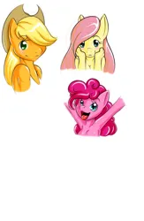 Size: 837x1280 | Tagged: safe, artist:kloudmutt, derpibooru import, applejack, fluttershy, pinkie pie, anthro, breasts, bust, female, hair over one eye, image, jpeg, open mouth, simple background, smiling, white background