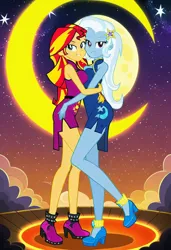 Size: 1200x1754 | Tagged: safe, ai content, machine learning generated, prompter:tiamatnightmare, sunset shimmer, trixie, human, equestria girls, chinese dress, female, humanized, image, jpeg, lesbian, night, shipping, stars, suntrix