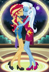 Size: 832x1216 | Tagged: safe, ai content, machine learning generated, prompter:tiamatnightmare, sunset shimmer, trixie, human, equestria girls, chinese dress, female, humanized, image, jpeg, kissing, lesbian, night, shipping, stars, suntrix