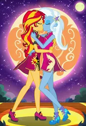 Size: 832x1216 | Tagged: safe, ai content, machine learning generated, prompter:tiamatnightmare, sunset shimmer, trixie, human, equestria girls, chinese dress, female, humanized, image, jpeg, kissing, lesbian, night, shipping, stars, suntrix