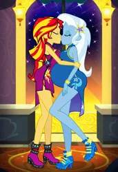 Size: 832x1216 | Tagged: safe, ai content, machine learning generated, prompter:tiamatnightmare, sunset shimmer, trixie, human, equestria girls, chinese dress, female, humanized, image, jpeg, kissing, lesbian, night, pregnant, shipping, stars, suntrix