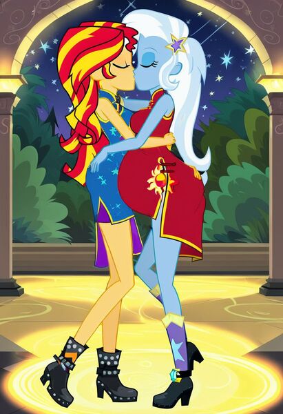 Size: 832x1216 | Tagged: safe, ai content, machine learning generated, prompter:tiamatnightmare, sunset shimmer, trixie, human, equestria girls, chinese dress, female, humanized, image, jpeg, kissing, lesbian, night, pregnant, shipping, stars, suntrix