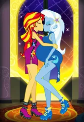 Size: 832x1216 | Tagged: safe, ai content, machine learning generated, prompter:tiamatnightmare, sunset shimmer, trixie, human, equestria girls, chinese dress, female, humanized, image, jpeg, kissing, lesbian, night, pregnant, shipping, stars, suntrix