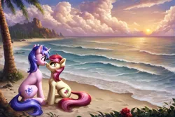 Size: 1728x1152 | Tagged: safe, ai content, derpibooru import, machine learning generated, prompter:foxpony, stable diffusion, roseluck, sea swirl, seafoam, earth pony, pony, unicorn, beach, boop, cloud, cute, female, flower, g4, generator:pony diffusion v6 xl, horn, image, imminent kissing, kissing, lesbian, looking at each other, looking at someone, looking up, noseboop, ocean, palm tree, png, sand, scenery, scenery porn, ship:swirluck, sky, sun, sunset, tree, water, wave