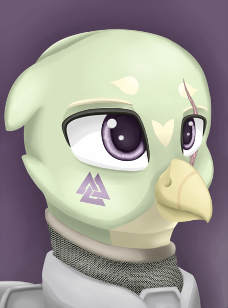 Size: 756x1016 | Tagged: safe, artist:cofido, derpibooru import, oc, oc:selena, unofficial characters only, gryphon, equestria at war mod, armor, bust, eye scar, facial scar, griffon oc, image, png, portrait, scar, solo, valknut